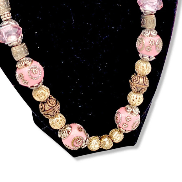 22" Pink Wedding Cake Embossed Enamel Beaded Statement Necklace Watermelon Beads - Picture 6 of 12